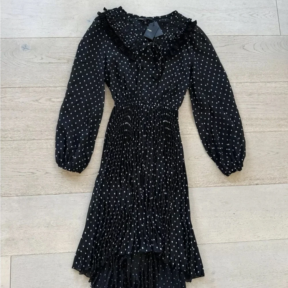 Maje Ribul Polka Dot accordion Pleated Midi Dress 36